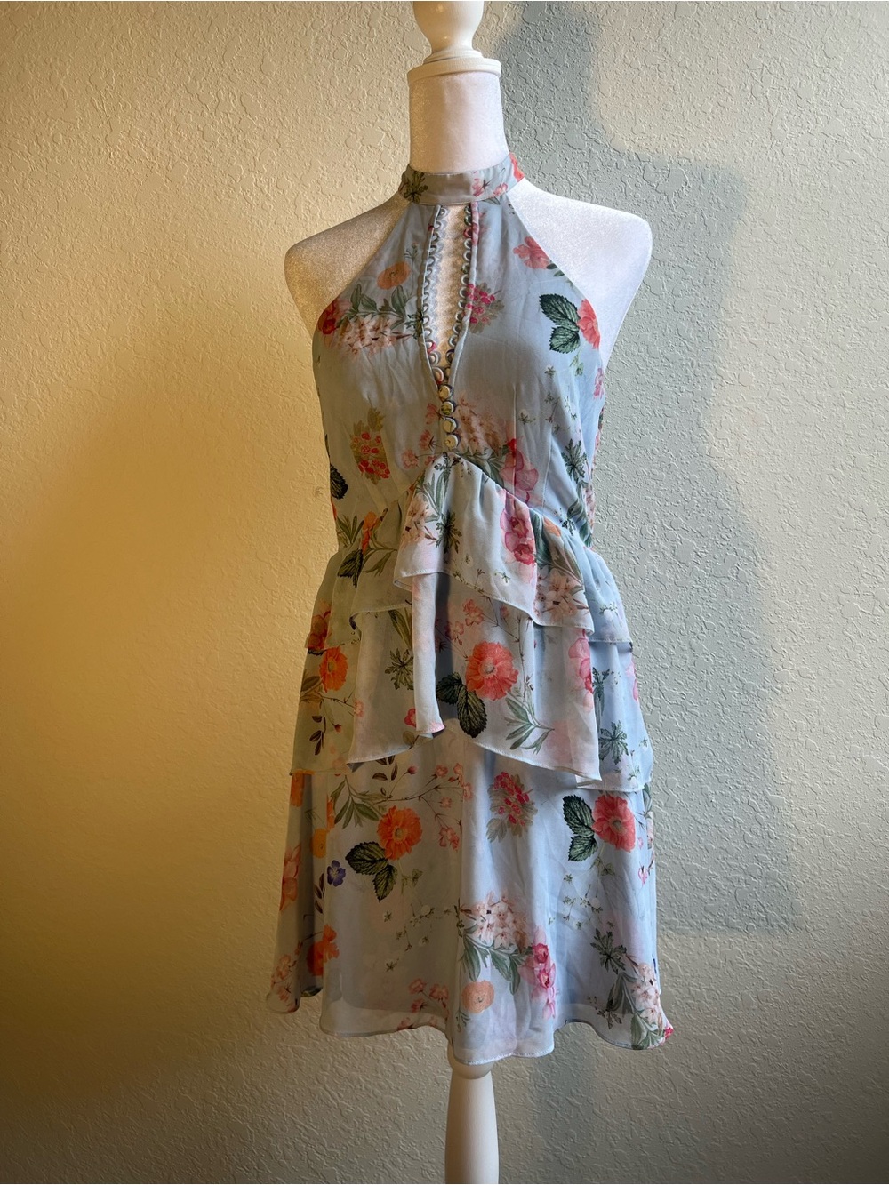 Express - Light Blue Floral Halter Tiered Summer Dress